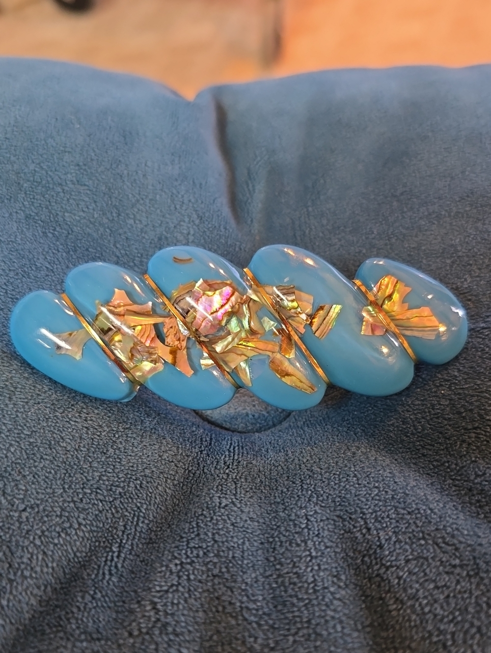 Enamelized Abalone Shell Hair Clip Blue Made In Korea 3 & 3/4"
